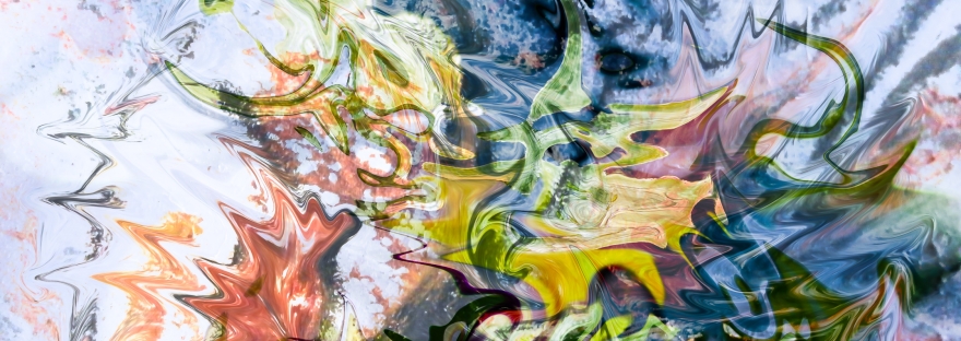 astrazione di forme fluide, immagine a colori screziati con immagini fluttuanti opera di arte di fusione di immagini