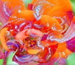 immagine astratta dinamica con forme astratte in movimento tipo un turbinio di fiori, in dominante di colore rosso e toni arancioni