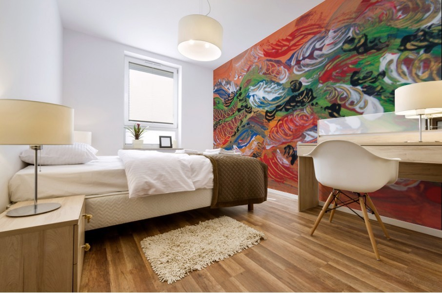 murale adesivo con tema astratto dai colori caldi con dominante arancione adatto per una camera da letto